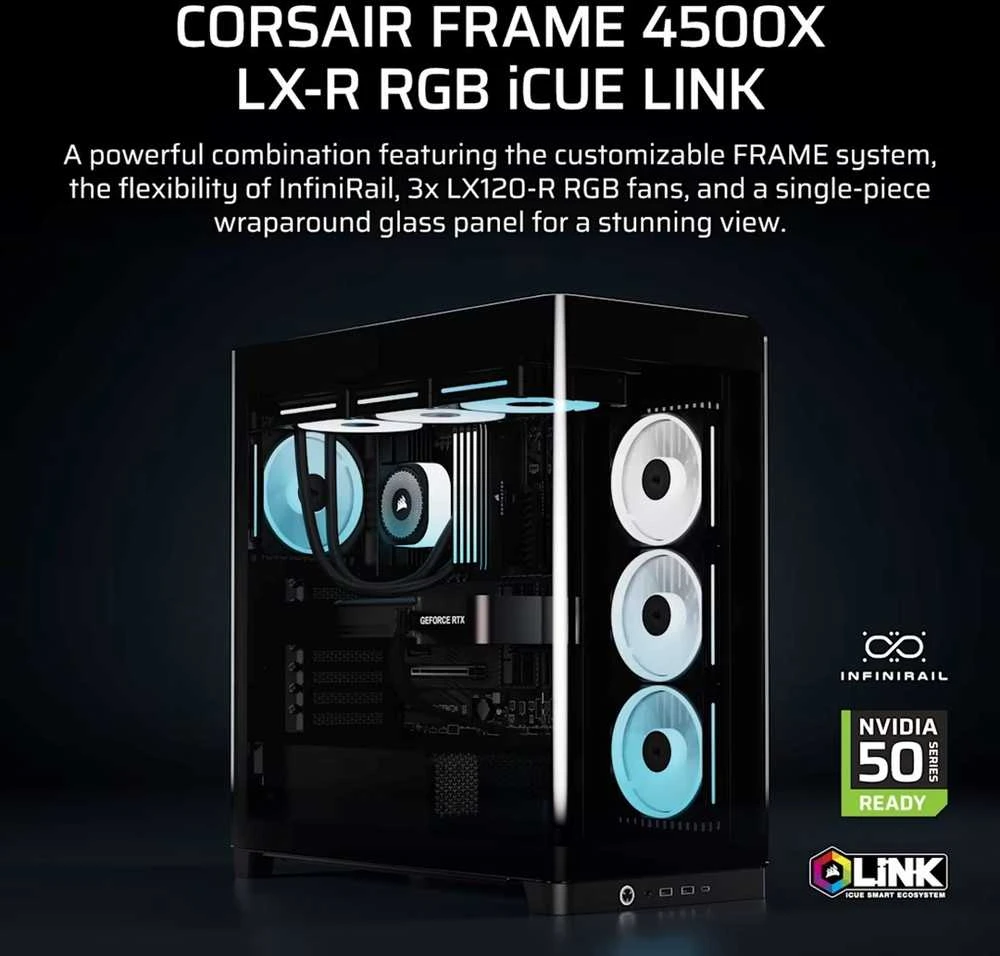 „Corsair FRAME 4500X LX-R RGB“ kompiuterio korpusas, „Mid-Tower“, E-ATX, grūdintas stiklas – Juodas