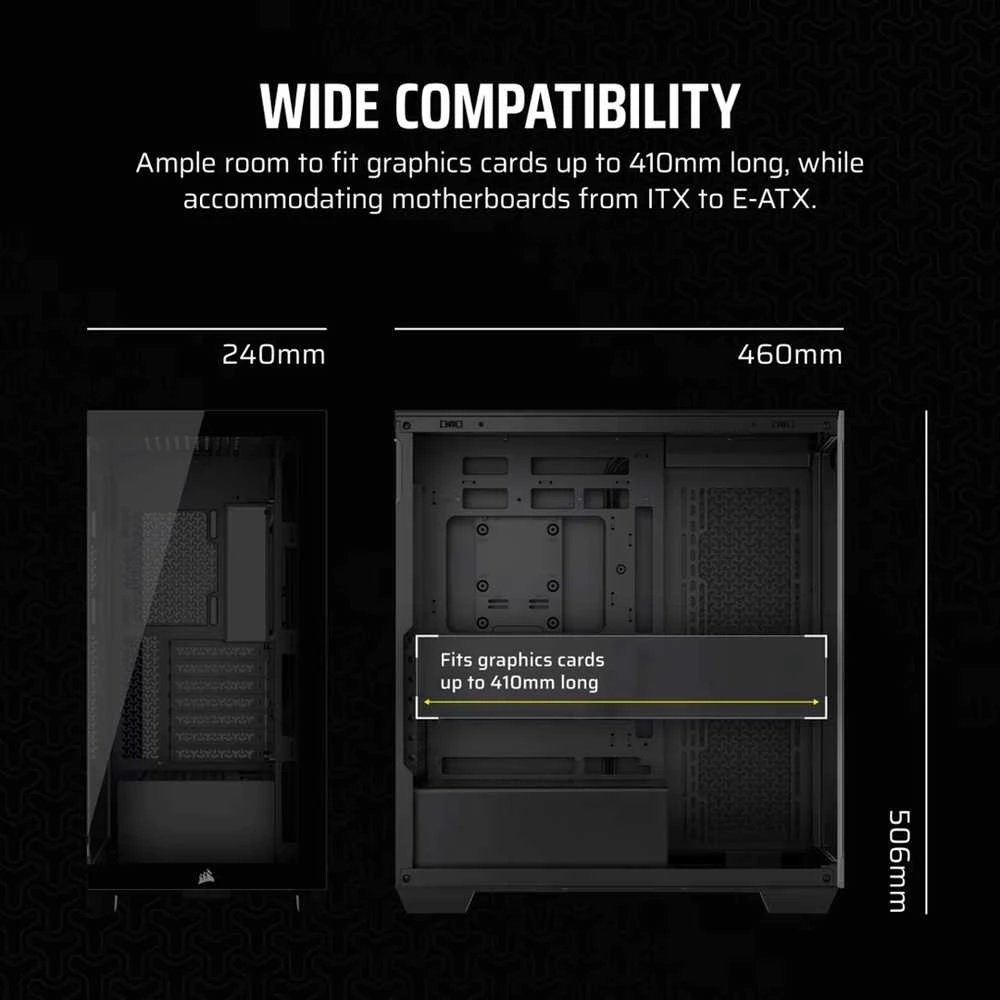 „Corsair 3500X LX-R“ kompiuterio korpusas, vidutinio dydžio bokštas, E-ATX, RGB, grūdintas stiklas – juodas
