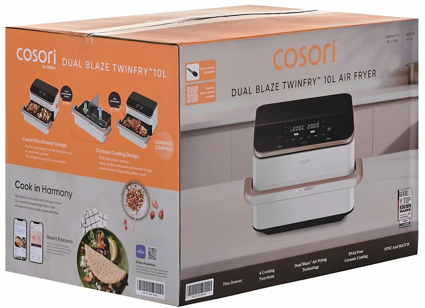 Cosori 1895375 dviguba 10 l autonominė 2800 W karšto oro gruzdintuvė Baltas