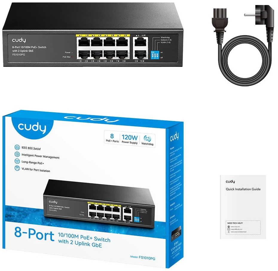 Šakotuvas Komutatorius - Cudy FS1010PG 8 Prievadų PoE Greitasis Ethernet Juodas