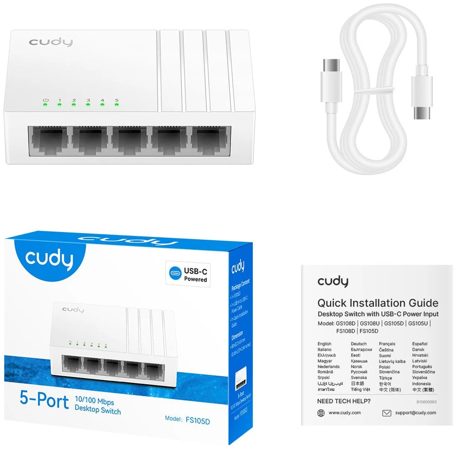 Šakotuvas Cudy FS105D tinklo komutatorius, nevaldomas Fast Ethernet (10/100), baltas