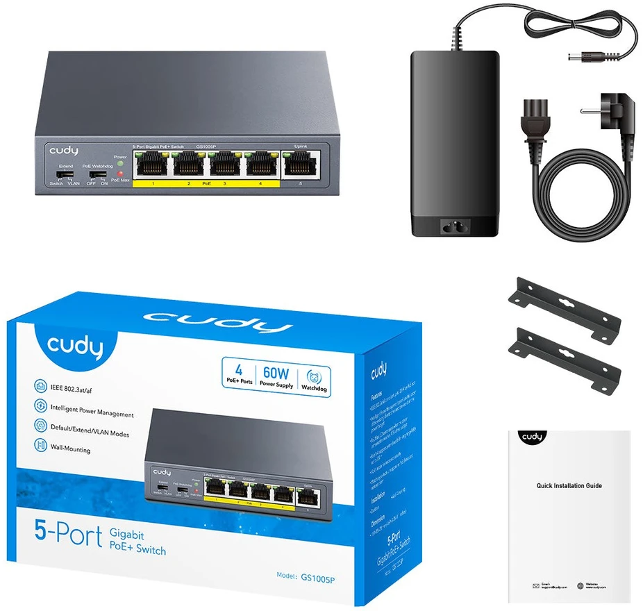 Šakotuvas Komutatorius - Cudy GS1005P Gigabit PoE 5 Prievadai Pilkas