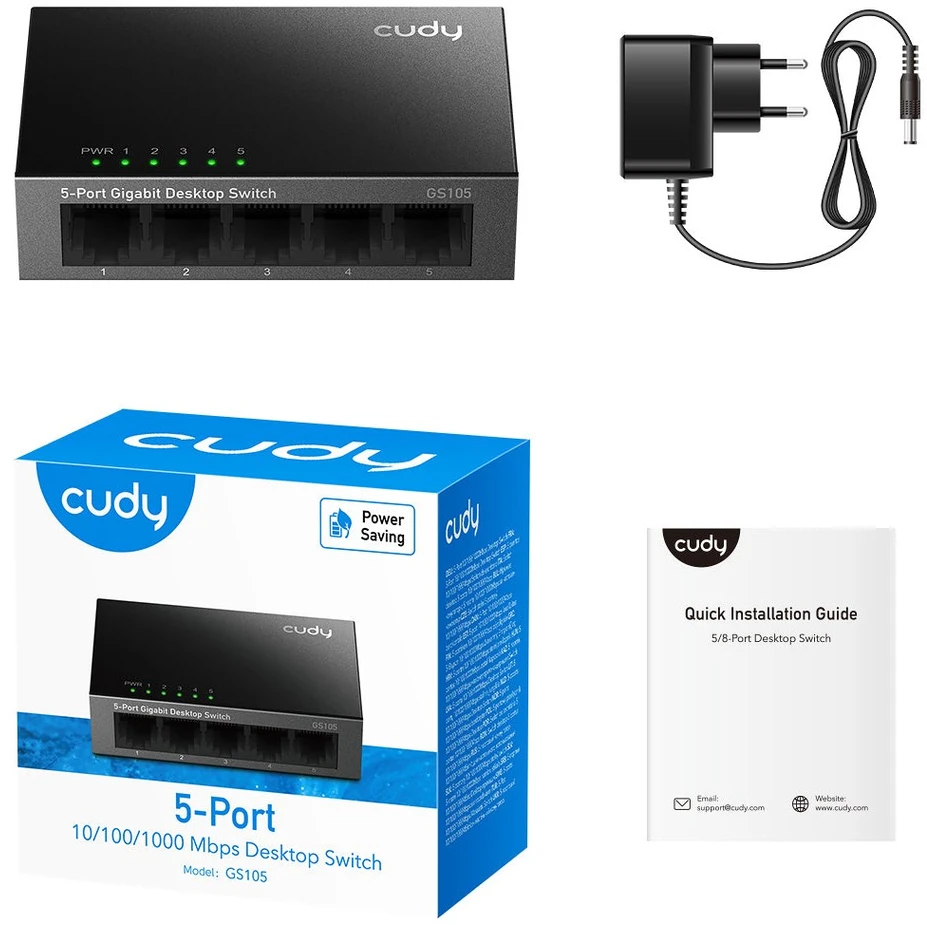 Šakotuvas Tinklo Įranga - Cudy GS105 10Gbps Jungiklis 5 Prievadai Metalinis Dizainas