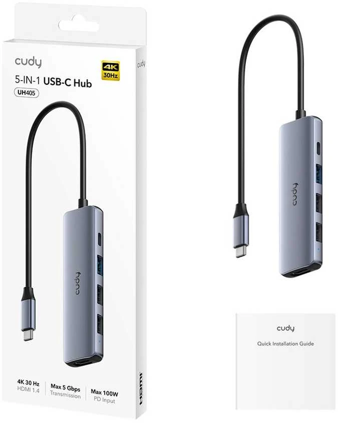 CUDY UH405 5 viename USB-C šakotuvas su HDMI 4K