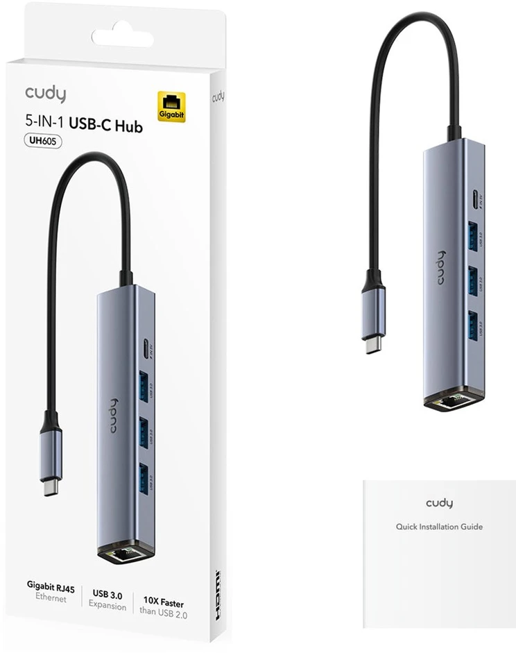 Cudy UH605 laptop dock/port replicator Wired USB 3.2 Gen 1 (3.1 Gen 1) Type-C Pilkas, Sidabrinis