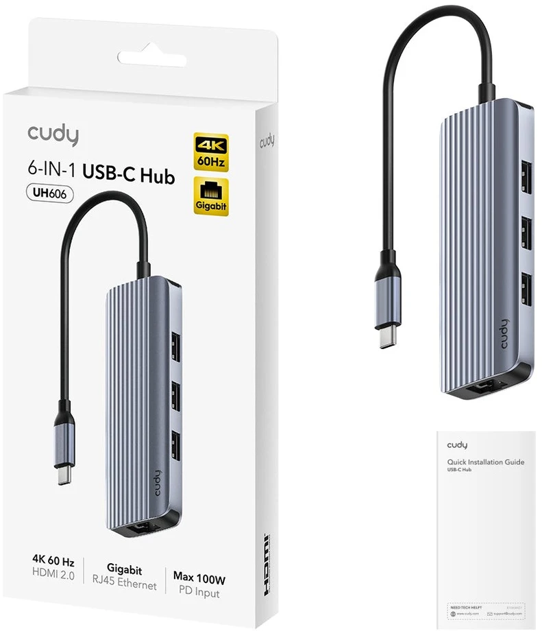 Cudy UH606 laptop dock/port replicator Wired USB 3.2 Gen 1 (3.1 Gen 1) Type-C Pilkas, Sidabrinis