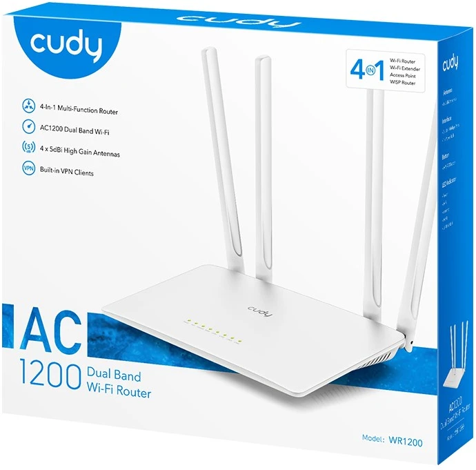 Belaidis Maršrutizatorius - Cudy WR1200 Dual-band 867 Mbit/s Greitas Ethernet 4 Antenos Baltas
