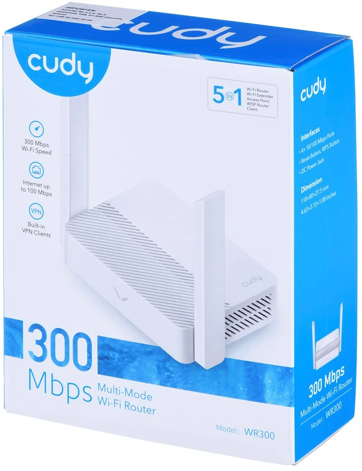 „Cudy WR300“ belaidis maršrutizatorius „Fast Ethernet“ vienos juostos (2,4 GHz) „Baltas“