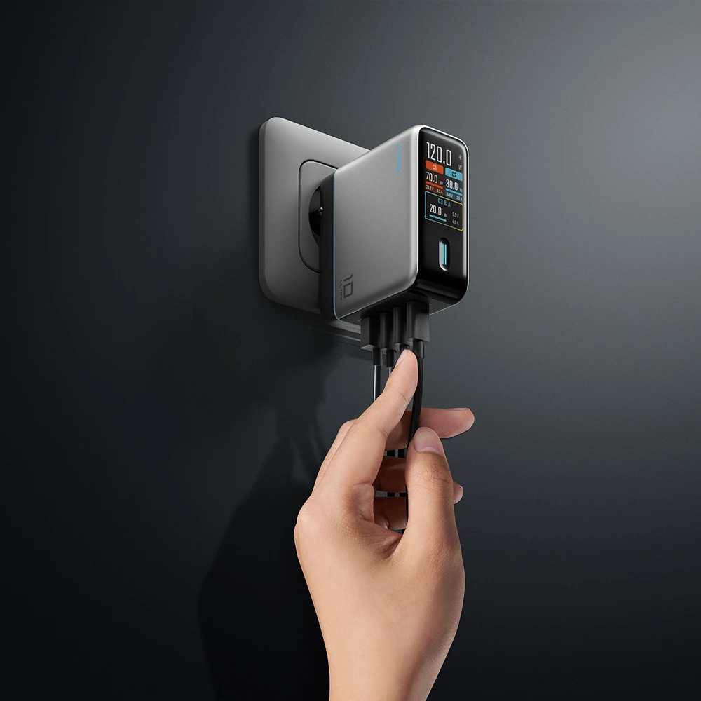 Cuktech AD1204U 120 W sieninis įkroviklis su ekranu ir USB-C laidu – sidabrinis