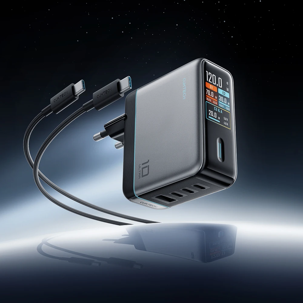 Cuktech AD1204U 120 W sieninis įkroviklis su ekranu ir USB-C laidu – sidabrinis