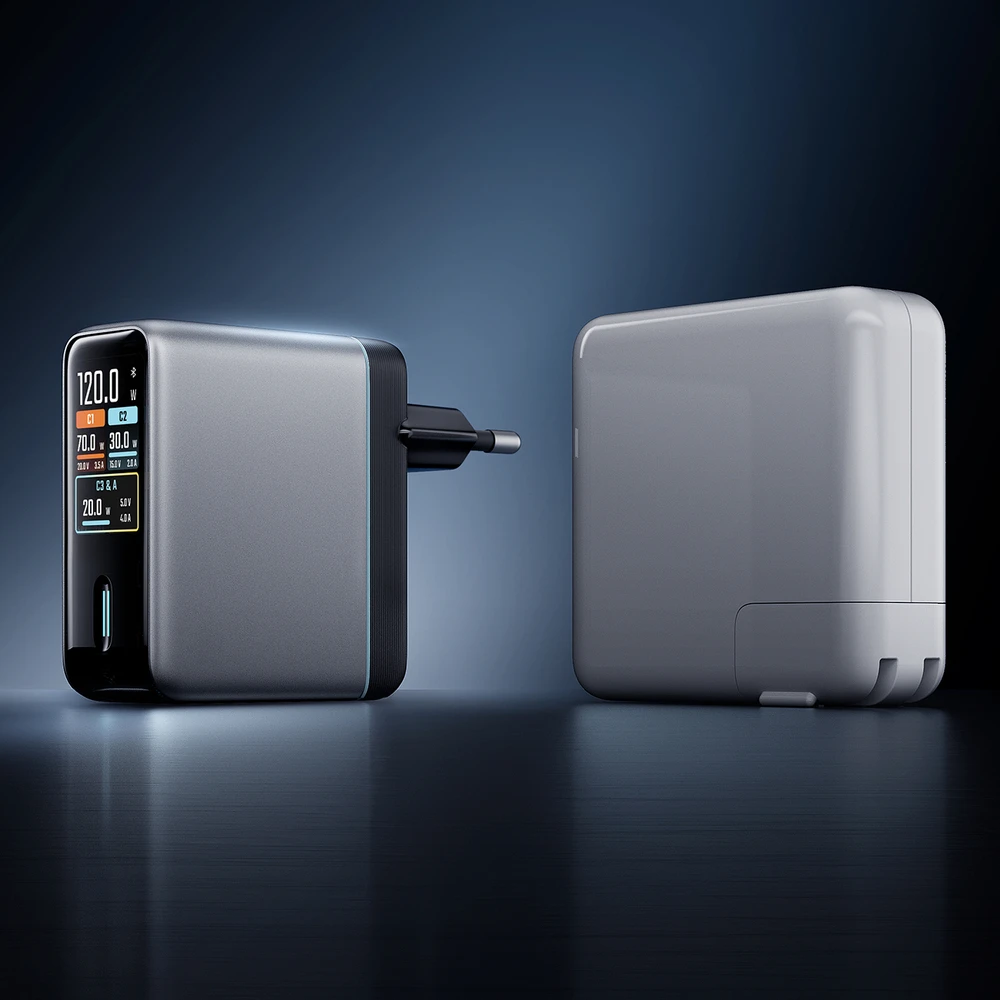 Cuktech AD1204U 120 W sieninis įkroviklis su ekranu ir USB-C laidu – sidabrinis