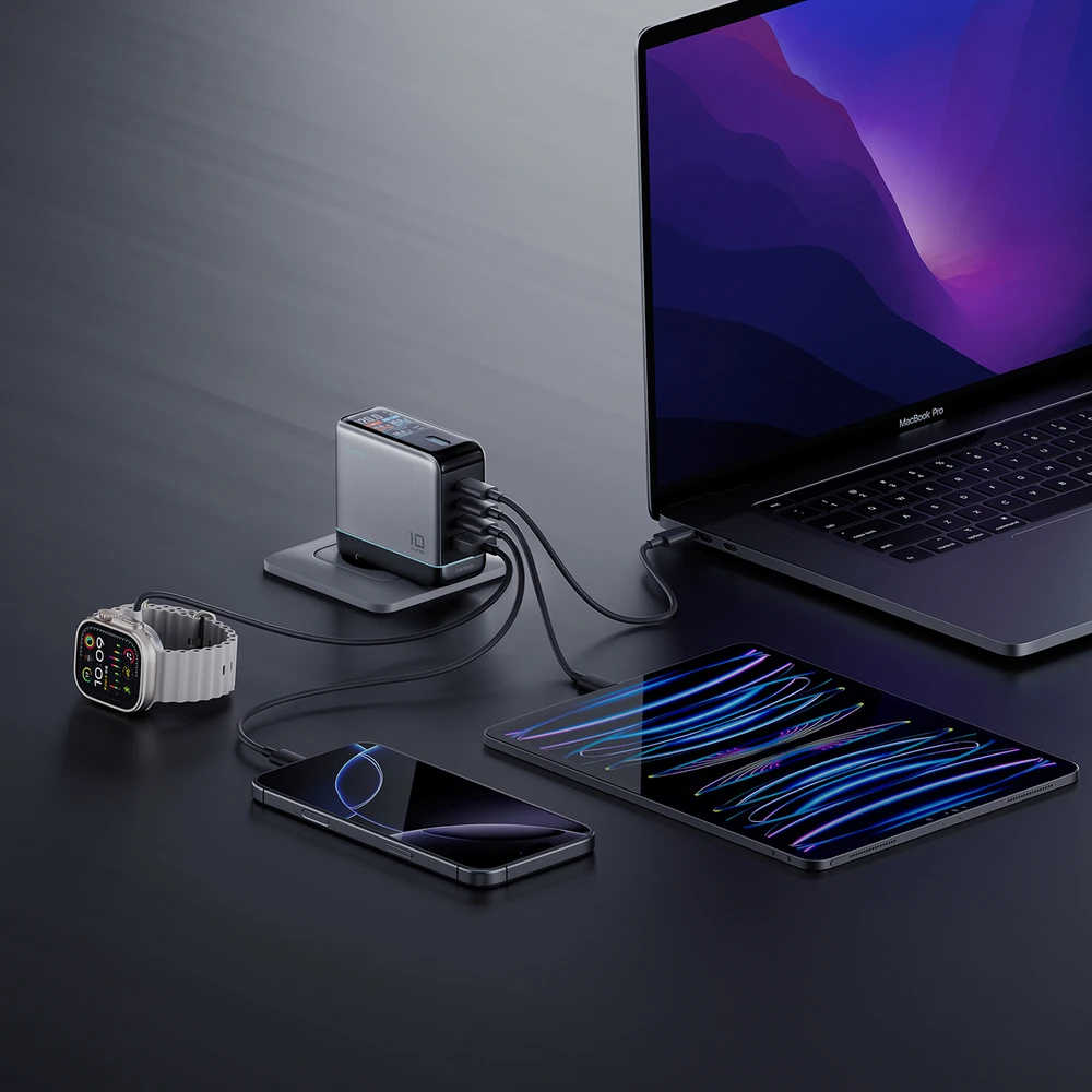 Cuktech AD1204U 120 W sieninis įkroviklis su ekranu ir USB-C laidu – sidabrinis