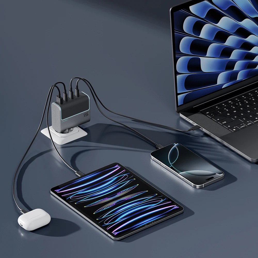 Cuktech AD1404UEU 140W GaN 3x USB-C + USB-A sieninis įkroviklis su USB-C laidu – pilkas