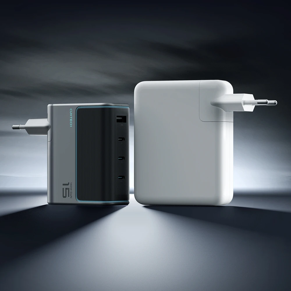 Cuktech AD1404UEU 140W GaN 3x USB-C + USB-A sieninis įkroviklis su USB-C laidu – pilkas