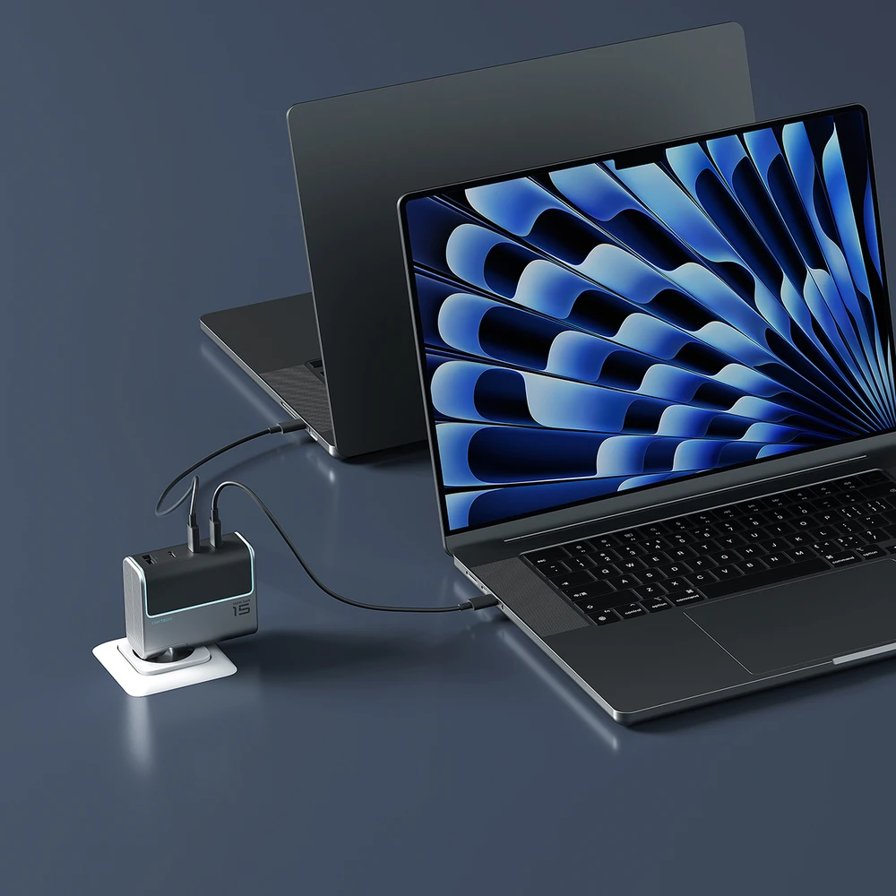 Cuktech AD1404UEU 140W GaN 3x USB-C + USB-A sieninis įkroviklis su USB-C laidu – pilkas