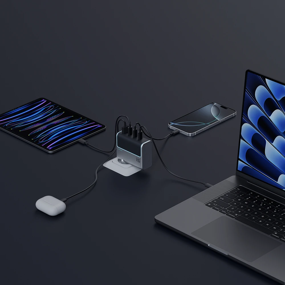 Cuktech AD1404UEU 140W GaN 3x USB-C + USB-A sieninis įkroviklis su USB-C laidu – pilkas