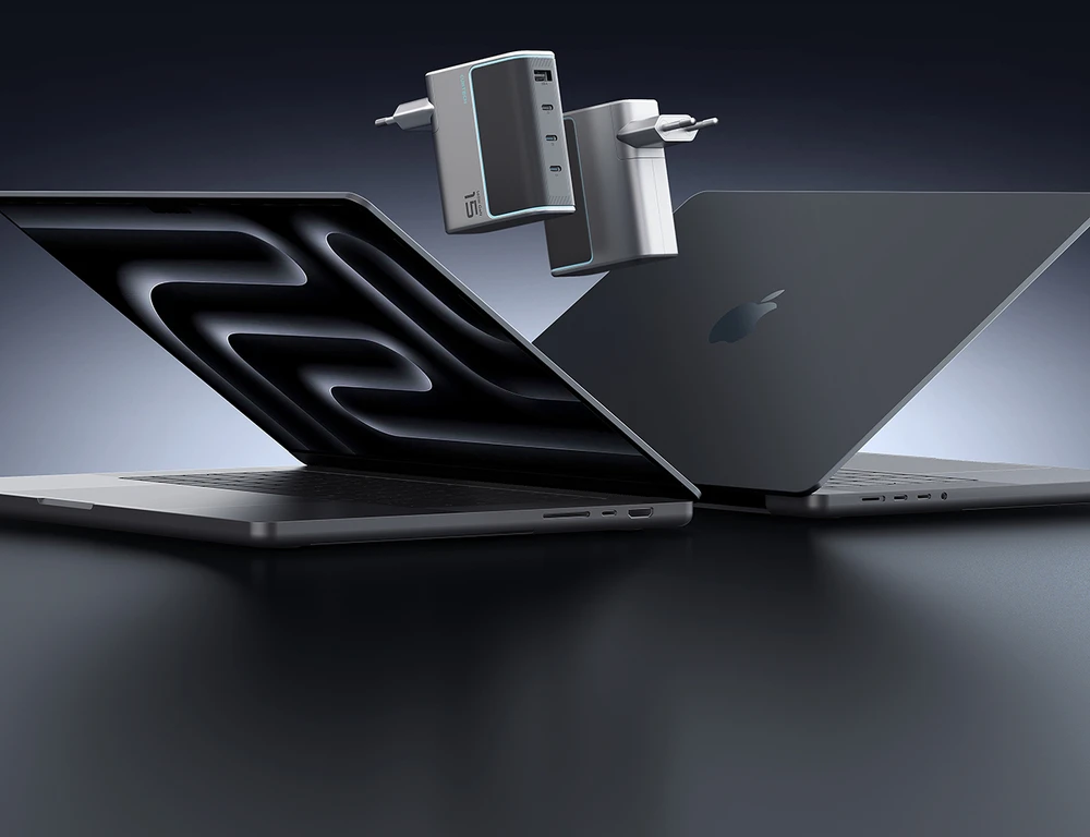 Cuktech AD1404UEU 140W GaN 3x USB-C + USB-A sieninis įkroviklis su USB-C laidu – pilkas