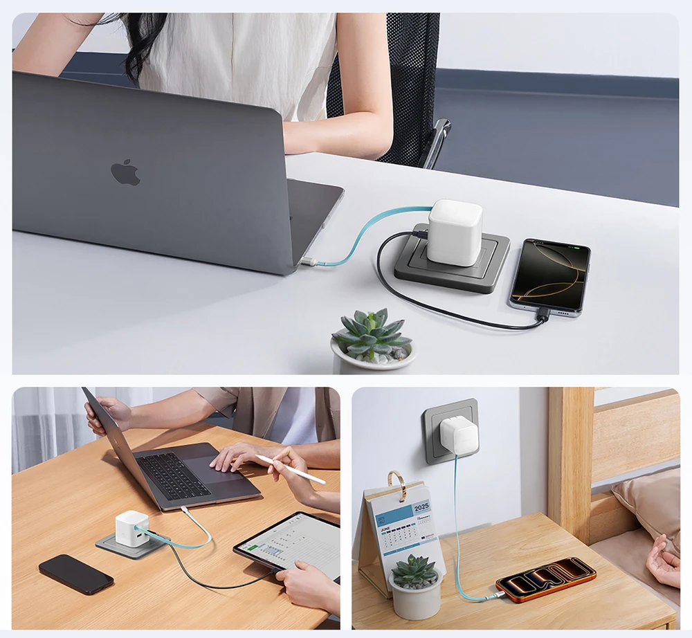 Cuktech AD653W 67W GaN 2x USB-C + USB-A sieninis įkroviklis su 70 cm ištraukiamu USB-C laidu – baltas