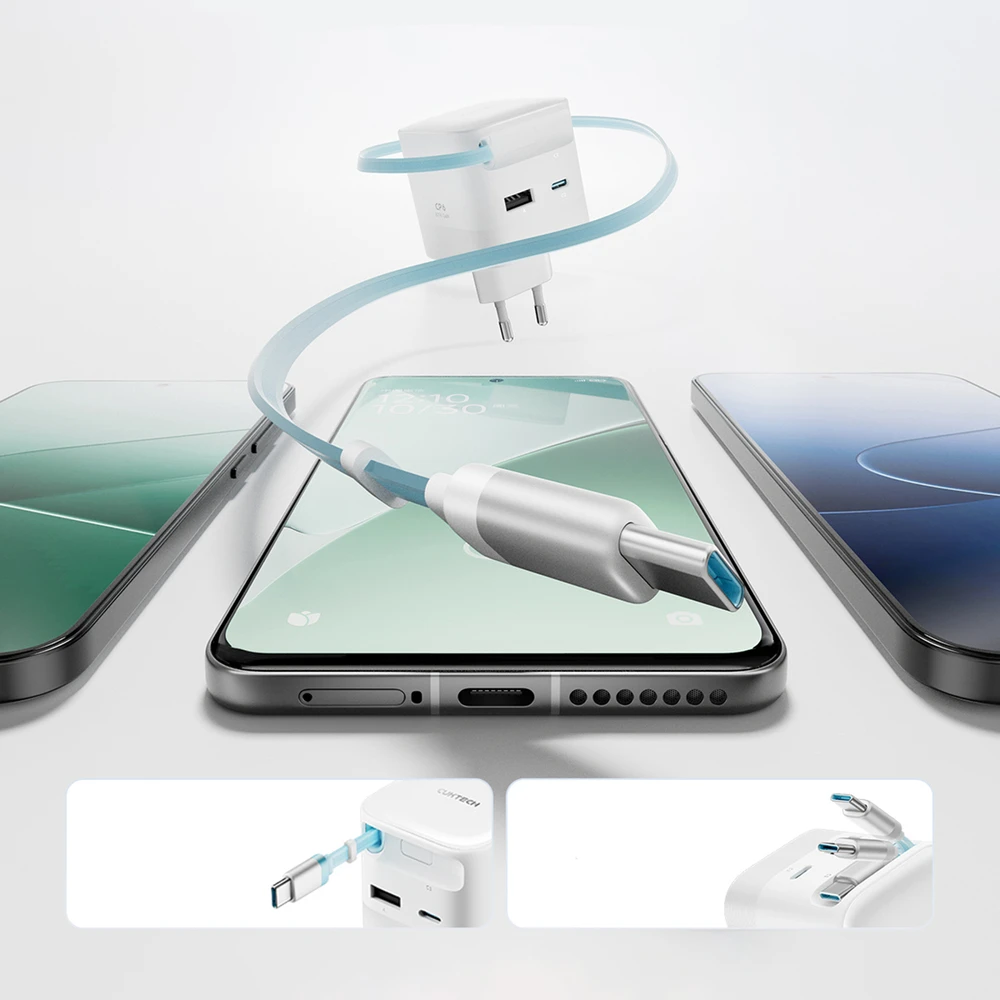 Cuktech AD653W 67W GaN 2x USB-C + USB-A sieninis įkroviklis su 70 cm ištraukiamu USB-C laidu – baltas