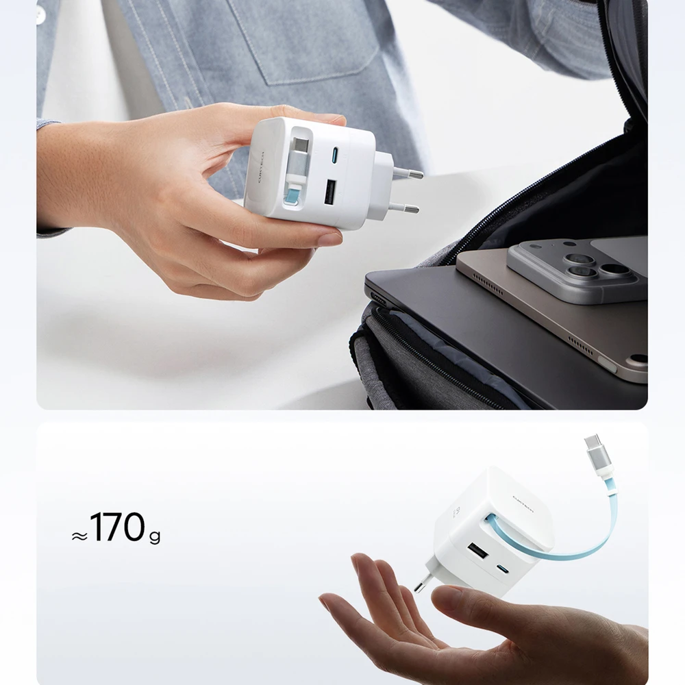 Cuktech AD653W 67W GaN 2x USB-C + USB-A sieninis įkroviklis su 70 cm ištraukiamu USB-C laidu – baltas