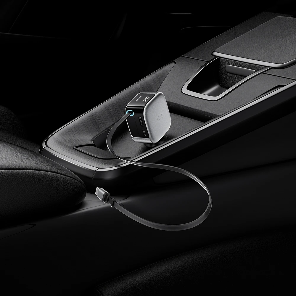 Cuktech CC903P 100 W automobilinis įkroviklis su ekranu ir 70 cm ištraukiamu USB-C laidu – pilkas