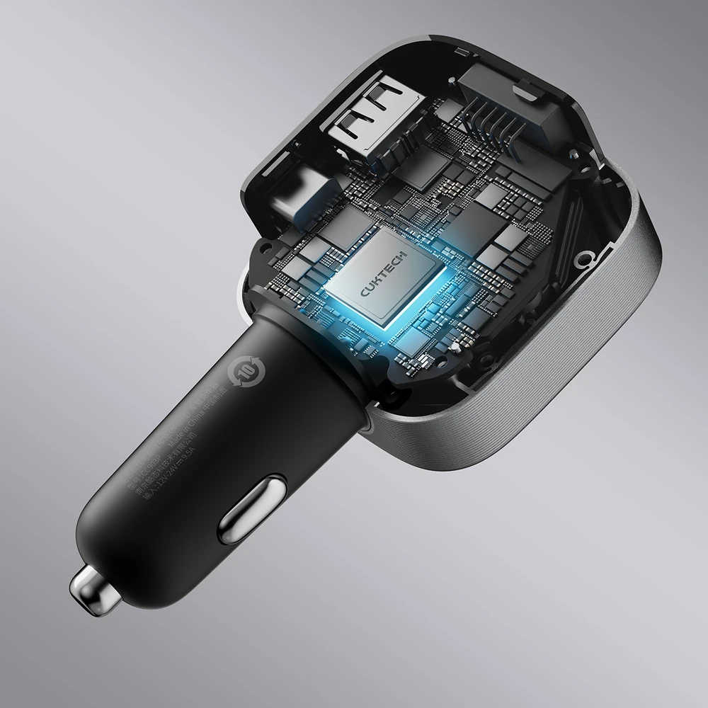 Cuktech CC903P 100 W automobilinis įkroviklis su ekranu ir 70 cm ištraukiamu USB-C laidu – pilkas