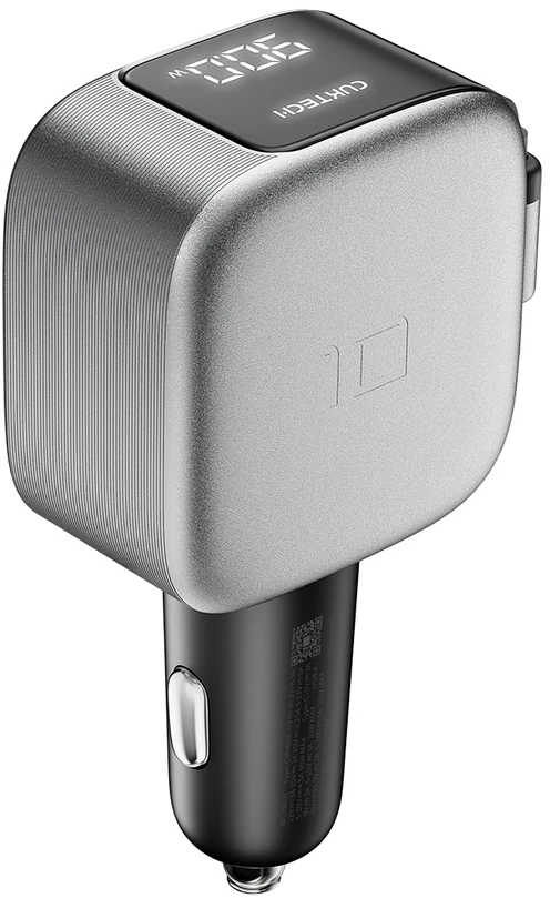 Cuktech CC903P 100 W automobilinis įkroviklis su ekranu ir 70 cm ištraukiamu USB-C laidu – pilkas