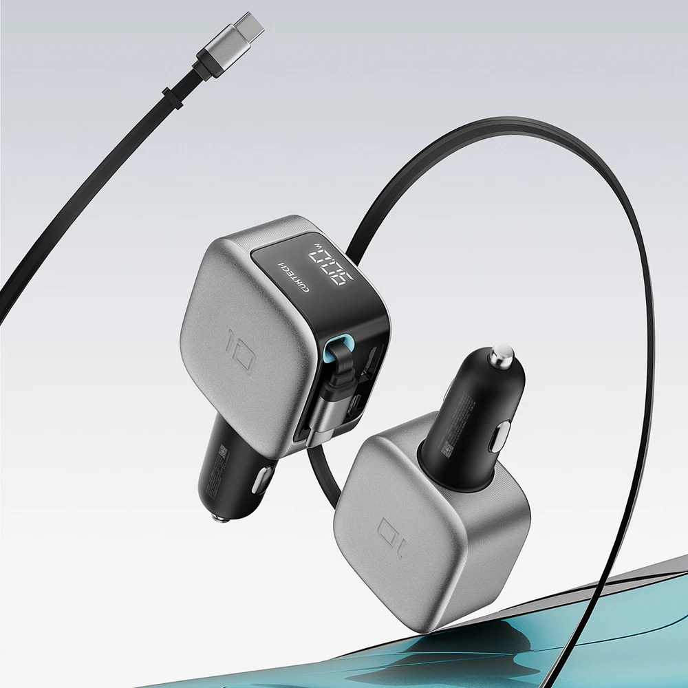 Cuktech CC903P 100 W automobilinis įkroviklis su ekranu ir 70 cm ištraukiamu USB-C laidu – pilkas
