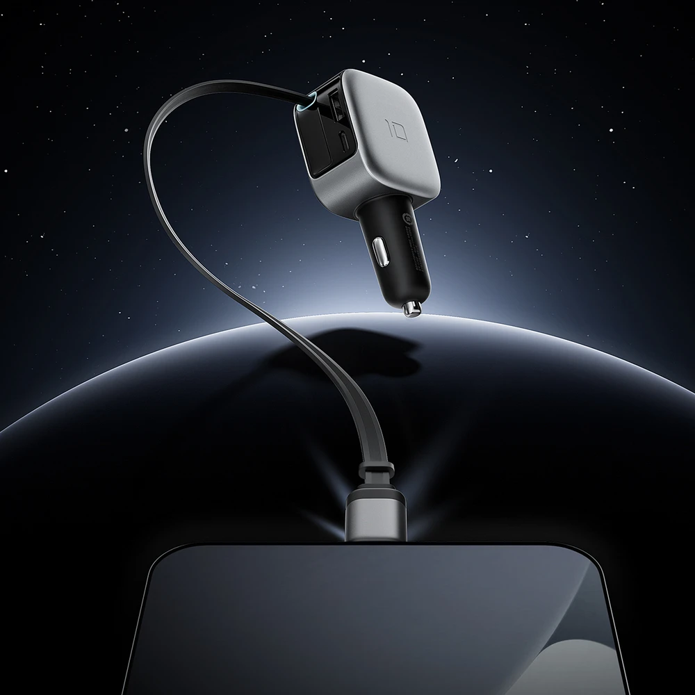 Cuktech CC903P 100 W automobilinis įkroviklis su ekranu ir 70 cm ištraukiamu USB-C laidu – pilkas