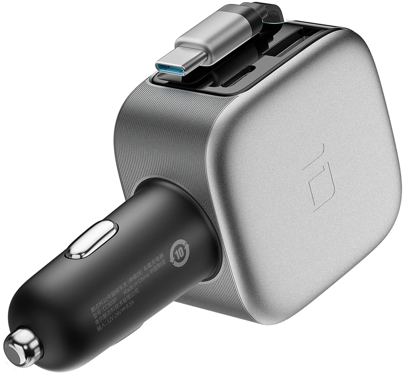 Cuktech CC903P 100 W automobilinis įkroviklis su ekranu ir 70 cm ištraukiamu USB-C laidu – pilkas