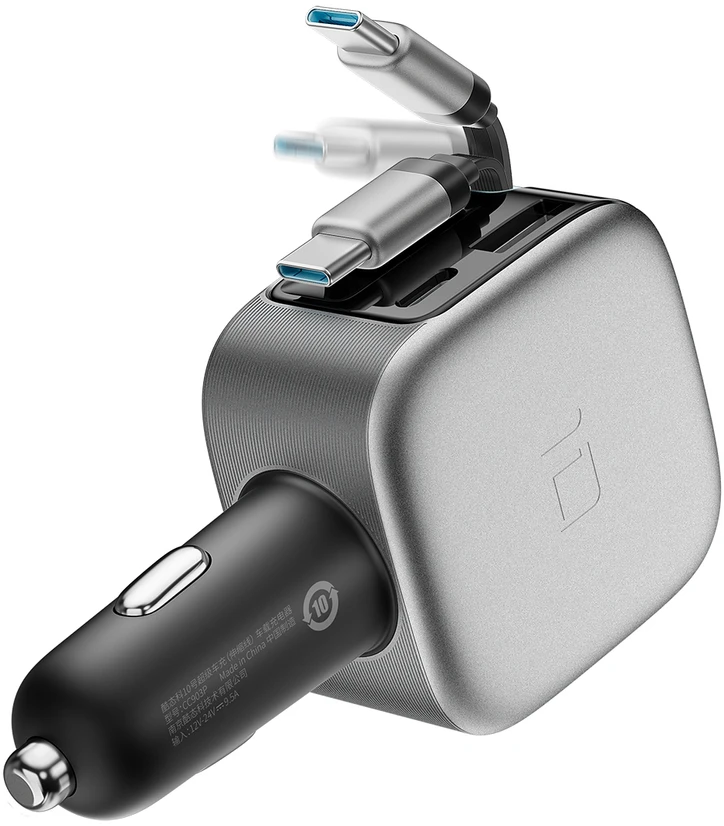 Cuktech CC903P 100 W automobilinis įkroviklis su ekranu ir 70 cm ištraukiamu USB-C laidu – pilkas