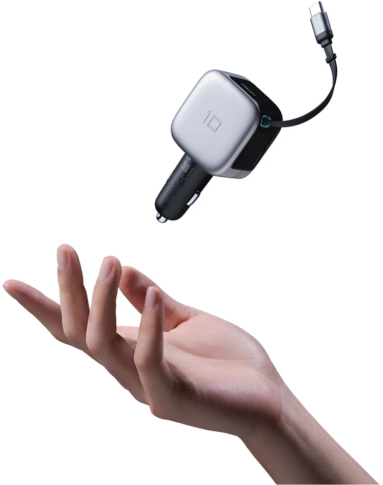 Cuktech CC903P 100 W automobilinis įkroviklis su ekranu ir 70 cm ištraukiamu USB-C laidu – pilkas