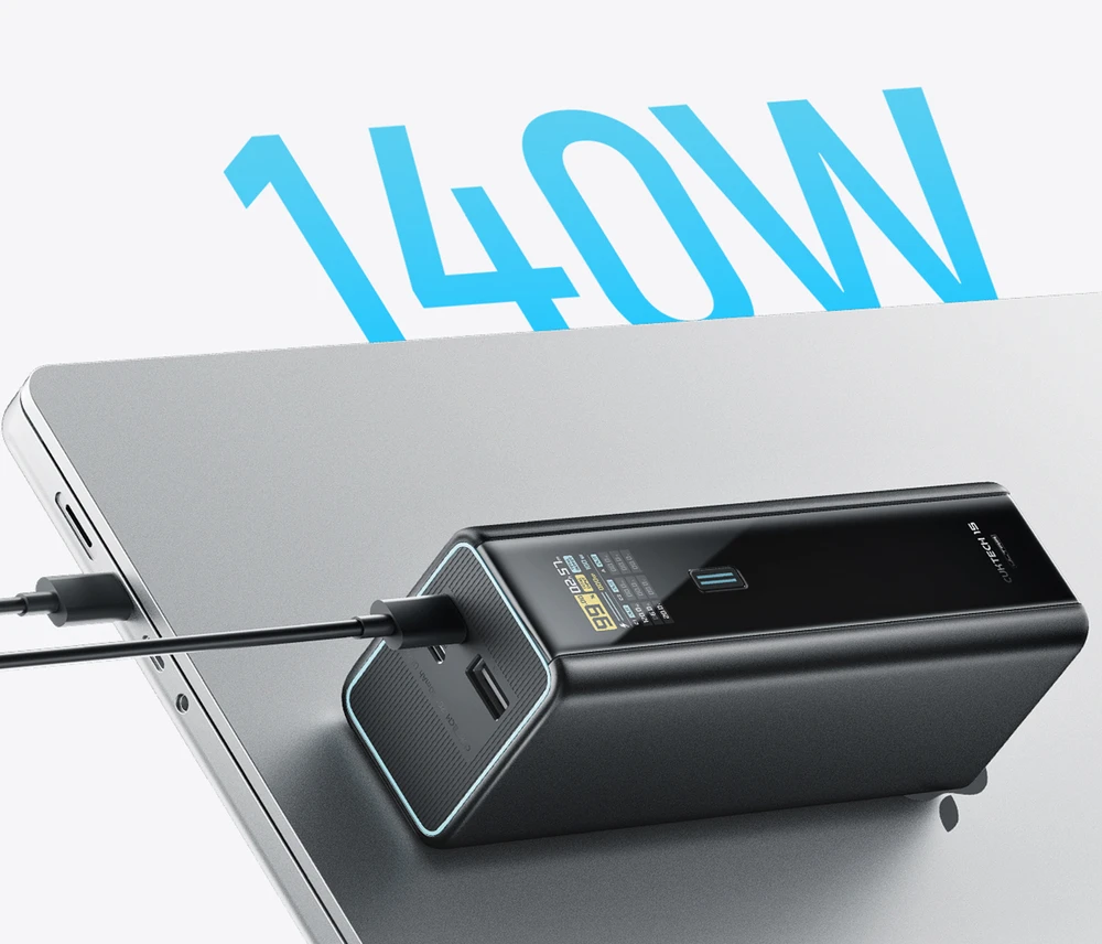 Cuktech PB200U Powerbank 210W 20000mAh 2x USB-C + USB-A with TFT display and 240W USB-C cable - juodas