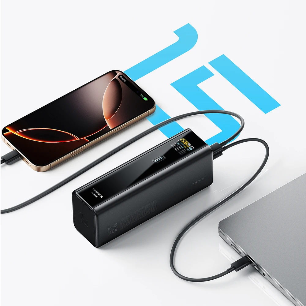 Cuktech PB200U išorinė baterija 210 W 20000 mAh 2 x USB-C + USB-A su TFT ekranu ir 240 W USB-C laidu - juodas