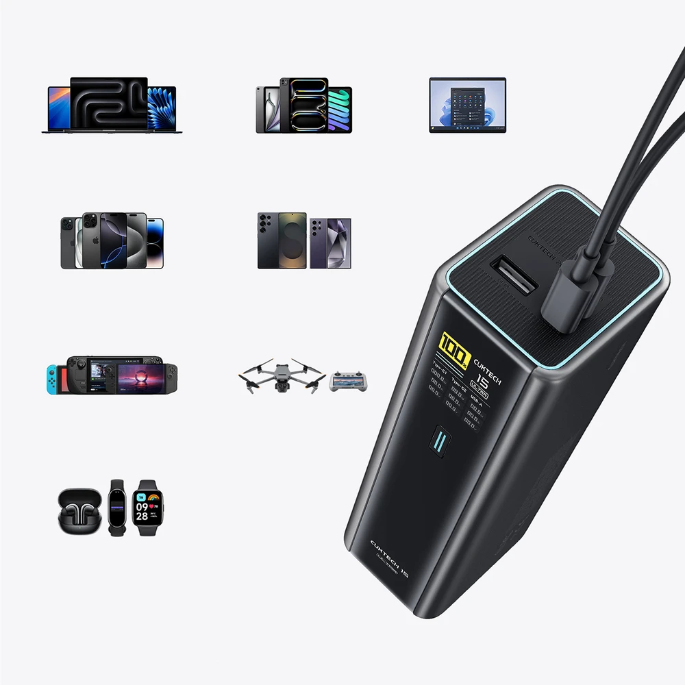 Cuktech PB200U Powerbank 210W 20000mAh 2x USB-C + USB-A with TFT display and 240W USB-C cable - juodas