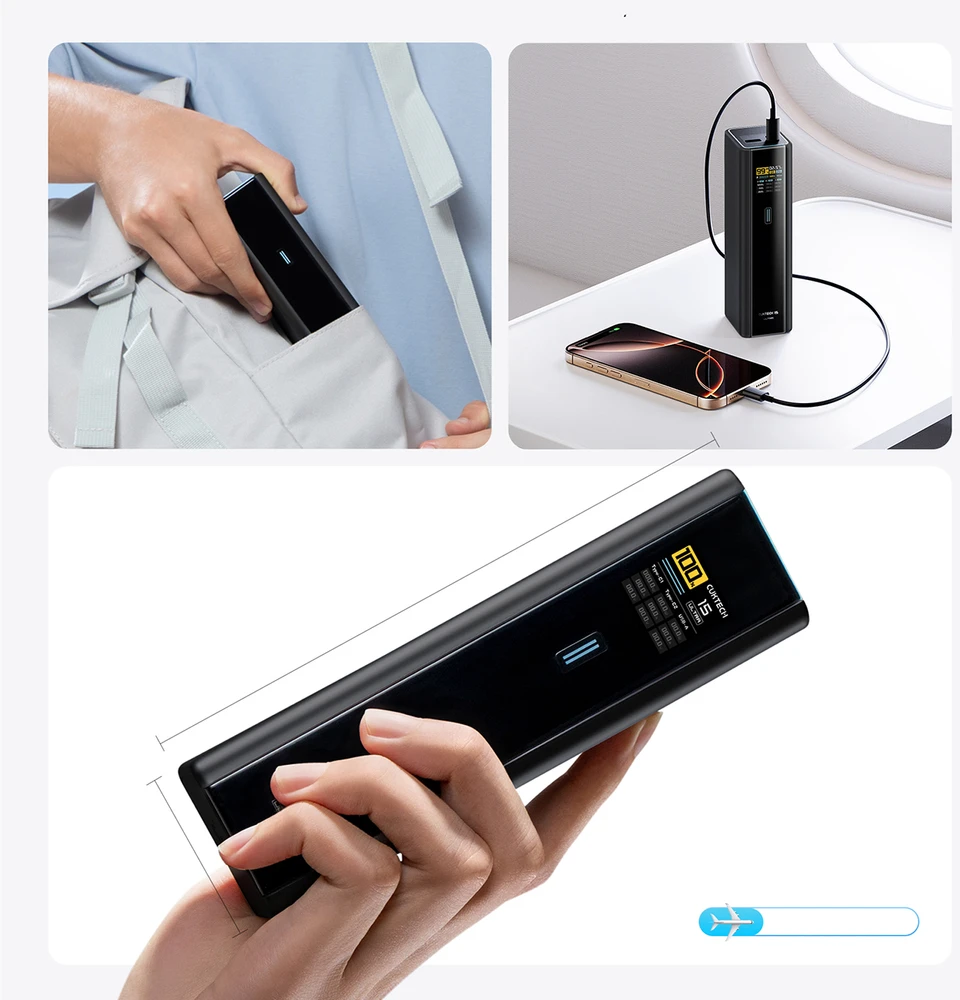 Cuktech PB200U išorinė baterija 210 W 20000 mAh 2 x USB-C + USB-A su TFT ekranu ir 240 W USB-C laidu - juodas