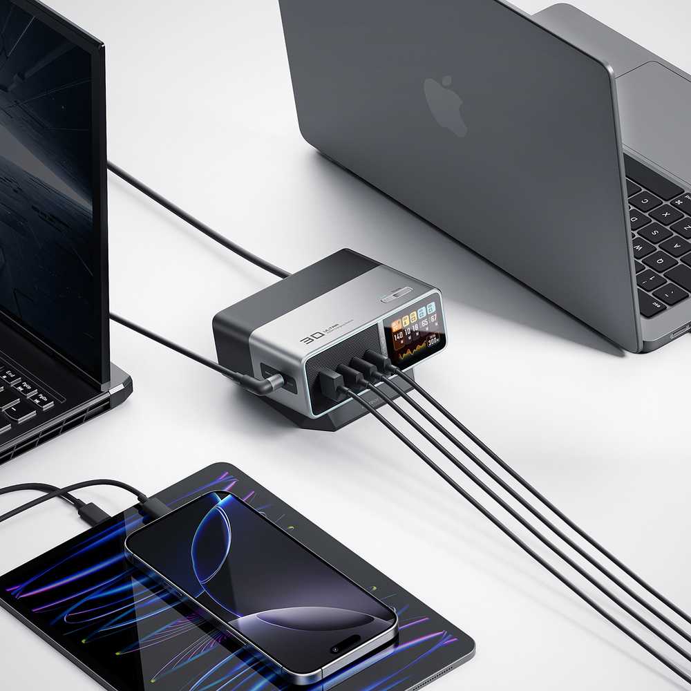 Cuktech TA3005U 300W 5-in-1 Charging Station with Digital Ekranas - Sidabrinis