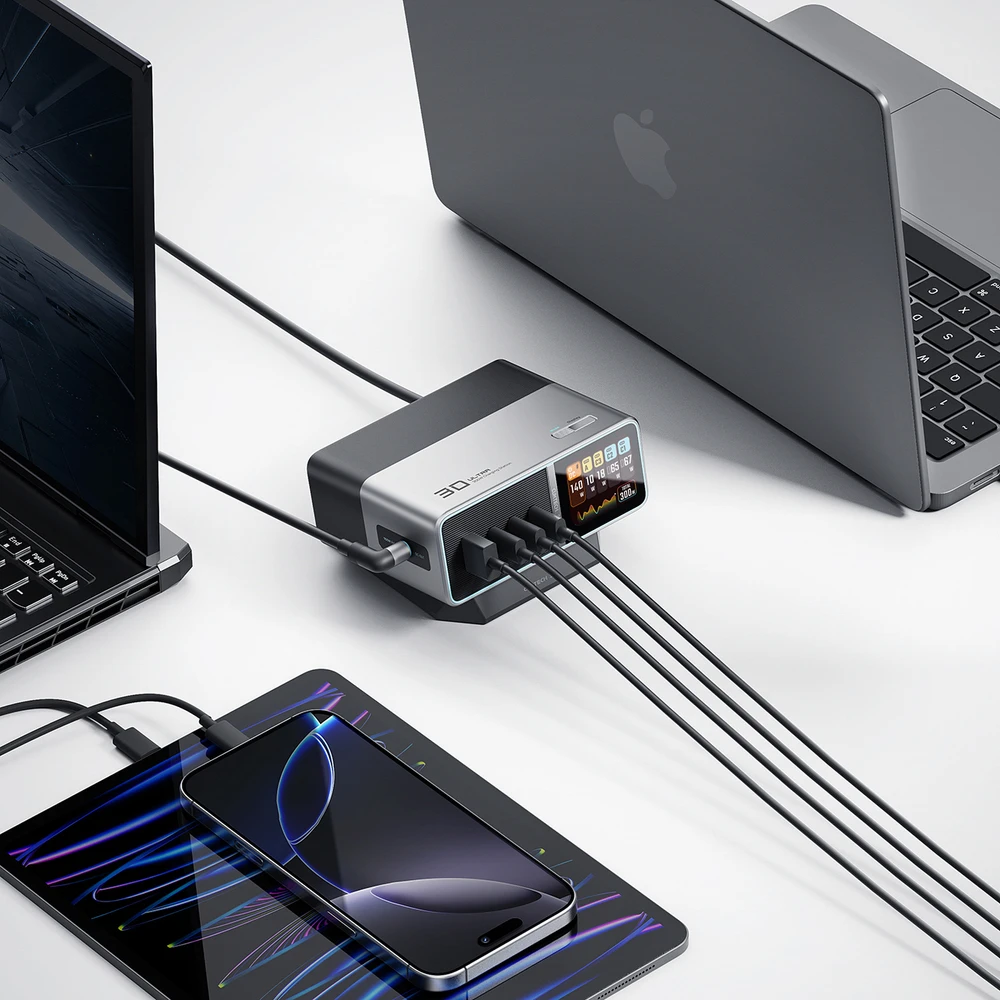 Cuktech TA3005U 300W 5-in-1 Charging Station with Digital Ekranas - Sidabrinis