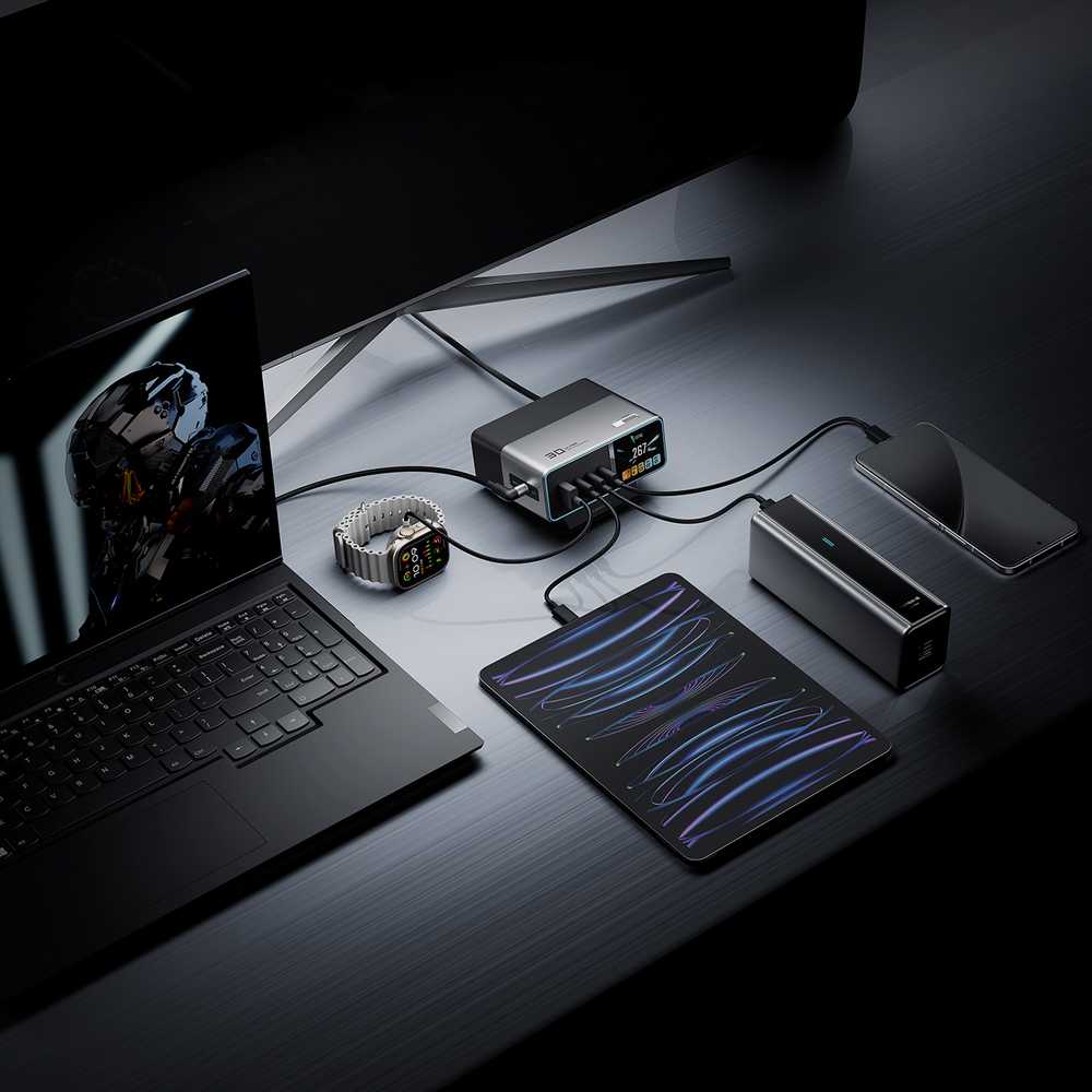 Cuktech TA3005U 300W 5-in-1 Charging Station with Digital Ekranas - Sidabrinis