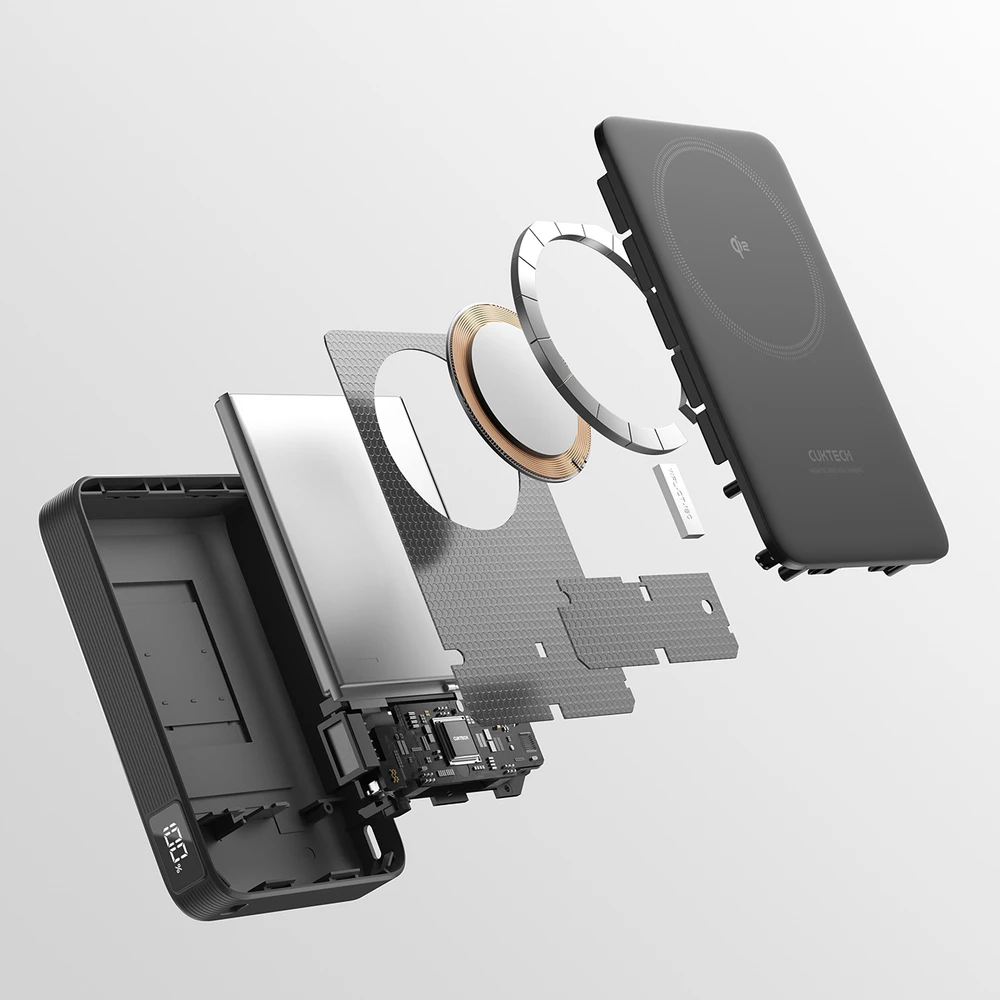 Cuktech WPB100 10000 mAh Qi2 magnetinė išorinė baterija 30W su stovu – juoda