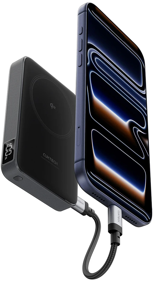 Cuktech WPB100 10000 mAh Qi2 magnetinė išorinė baterija 30W su stovu – juoda