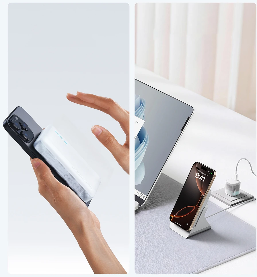 Cuktech WPB100N 20W 10000mAh magnetinė išorinė baterija su stovu – balta