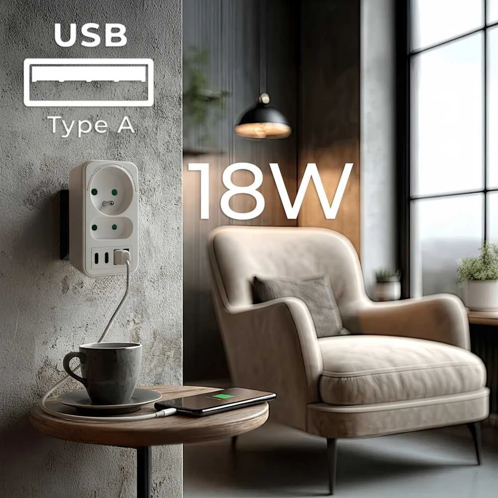 Srovės lizdai x2 + 4xUSB Maclean, skirstytuvas su 2 lizdais, 2xUSB A, 2xUSB C PD 20W, 1x16A + 1x6A, MCE249 F/W
