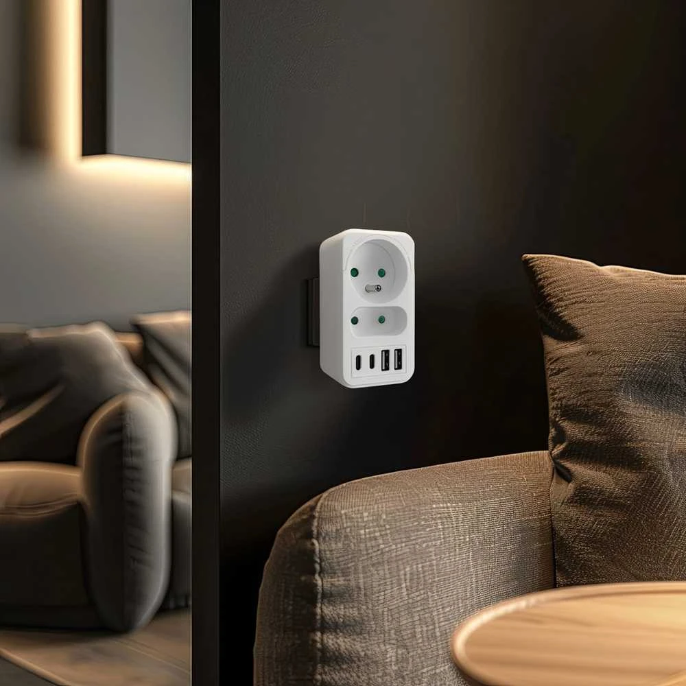 Srovės lizdai x2 + 4xUSB Maclean, skirstytuvas su 2 lizdais, 2xUSB A, 2xUSB C PD 20W, 1x16A + 1x6A, MCE249 F/W