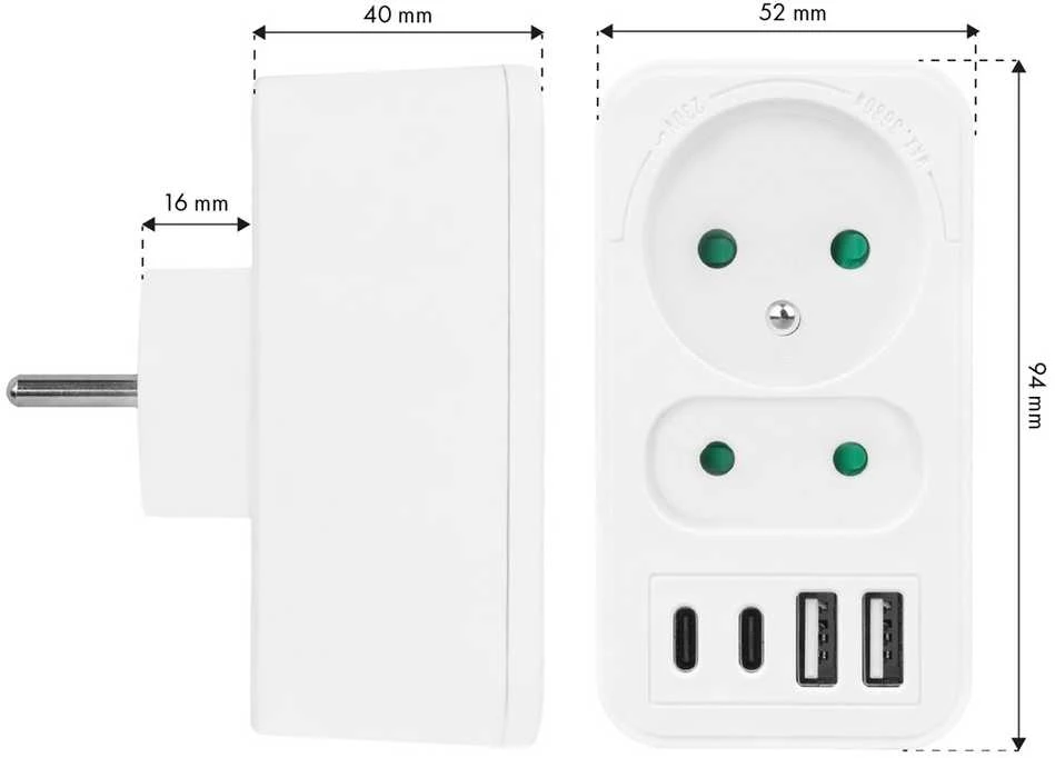 Srovės lizdai x2 + 4xUSB Maclean, skirstytuvas su 2 lizdais, 2xUSB A, 2xUSB C PD 20W, 1x16A + 1x6A, MCE249 F/W