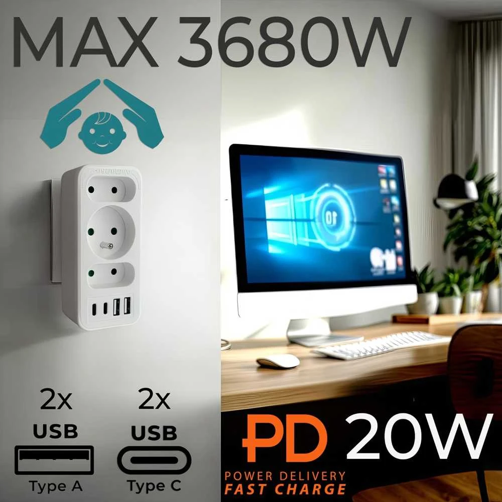 Srovės lizdai x3 + 4xUSB Maclean, skirstytuvas su 3 lizdais, 2xUSB A, 2xUSB C PD 20W, 1x16A + 2x6A, MCE248 F/W