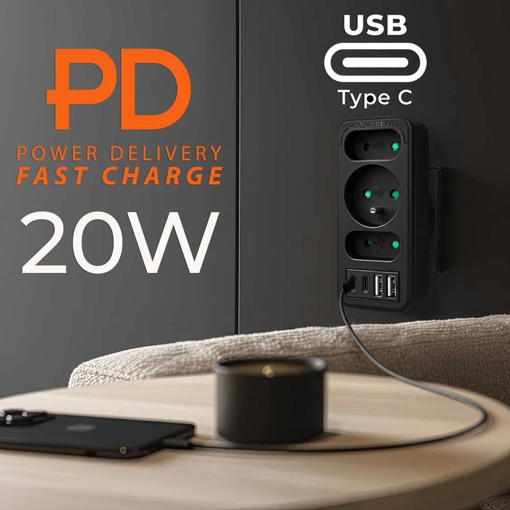 Srovės lizdai x3 + 4xUSB Maclean, skirstytuvas su 3 lizdais, 2xUSB A, 2xUSB C PD 20W, 1x16A + 2x6A, MCE248 F/B