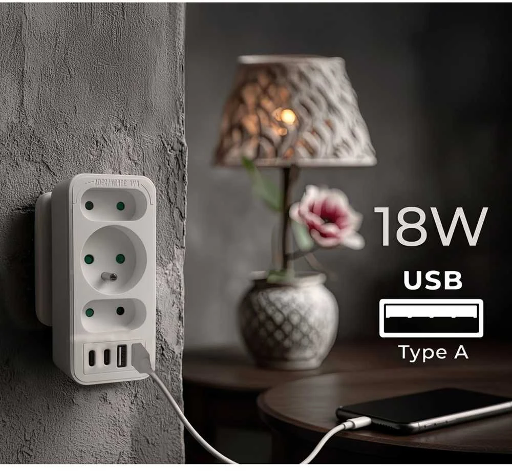 Srovės lizdai x3 + 4xUSB Maclean, skirstytuvas su 3 lizdais, 2xUSB A, 2xUSB C PD 20W, 1x16A + 2x6A, MCE248 F/W