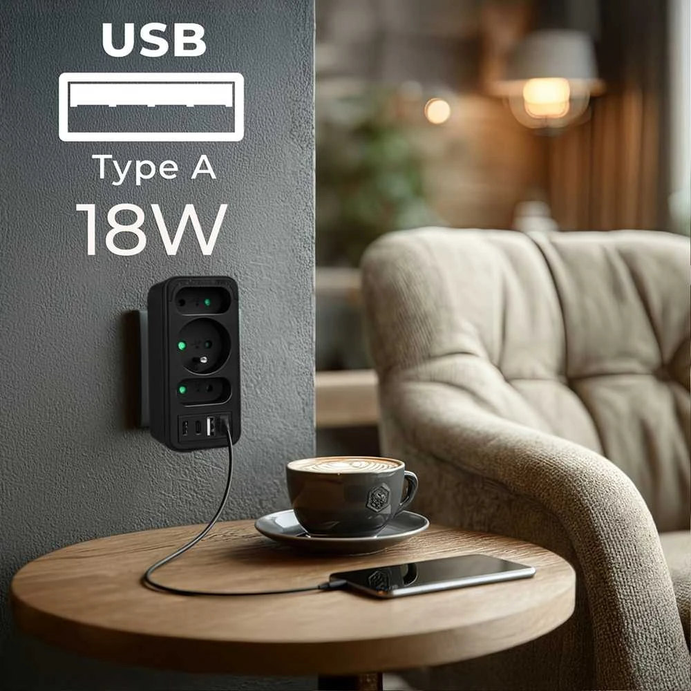 Srovės lizdai x3 + 4xUSB Maclean, skirstytuvas su 3 lizdais, 2xUSB A, 2xUSB C PD 20W, 1x16A + 2x6A, MCE248 F/B