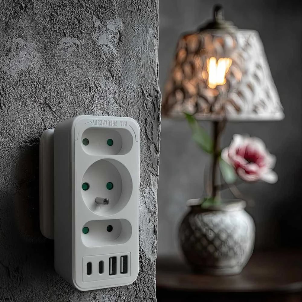 Srovės lizdai x3 + 4xUSB Maclean, skirstytuvas su 3 lizdais, 2xUSB A, 2xUSB C PD 20W, 1x16A + 2x6A, MCE248 F/W